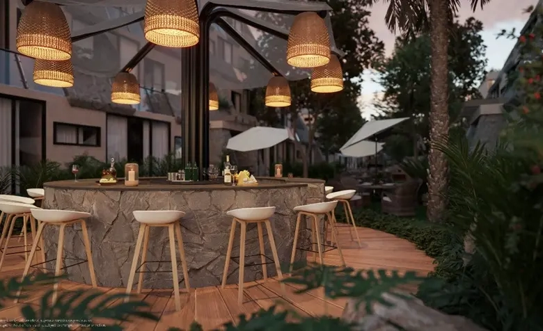 Residential complex Tulum aldea Zama External bar during sunset