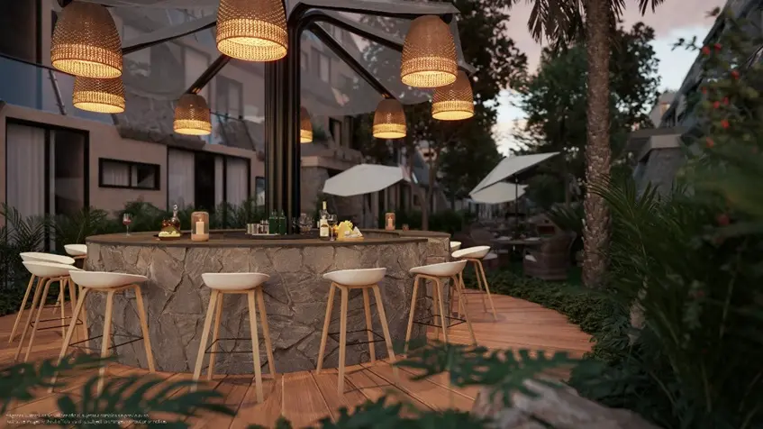 Residential complex Tulum aldea Zama External bar during sunset