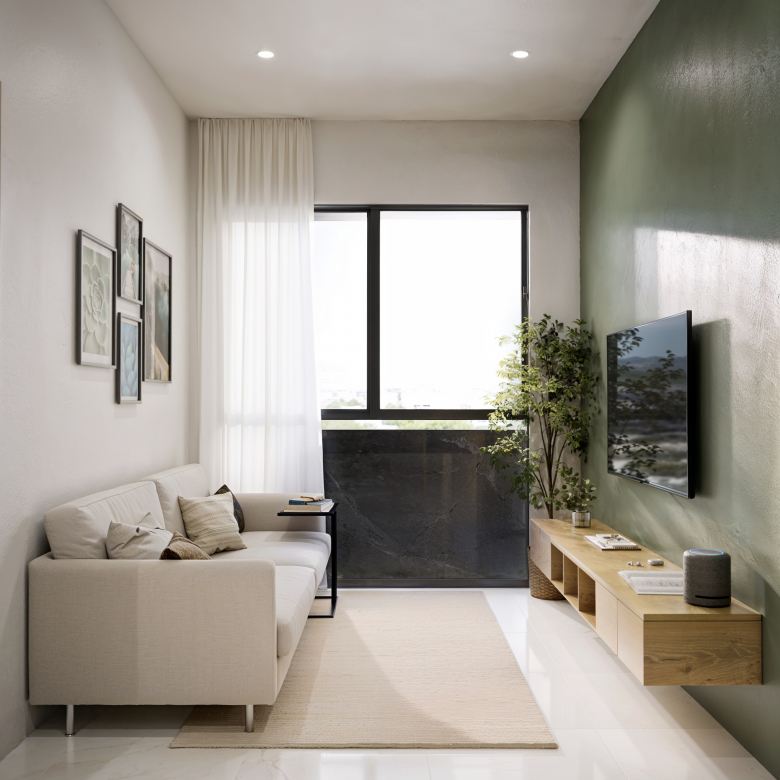 Modern living room in Downtown Playa del Carmen with sofa and wide tv