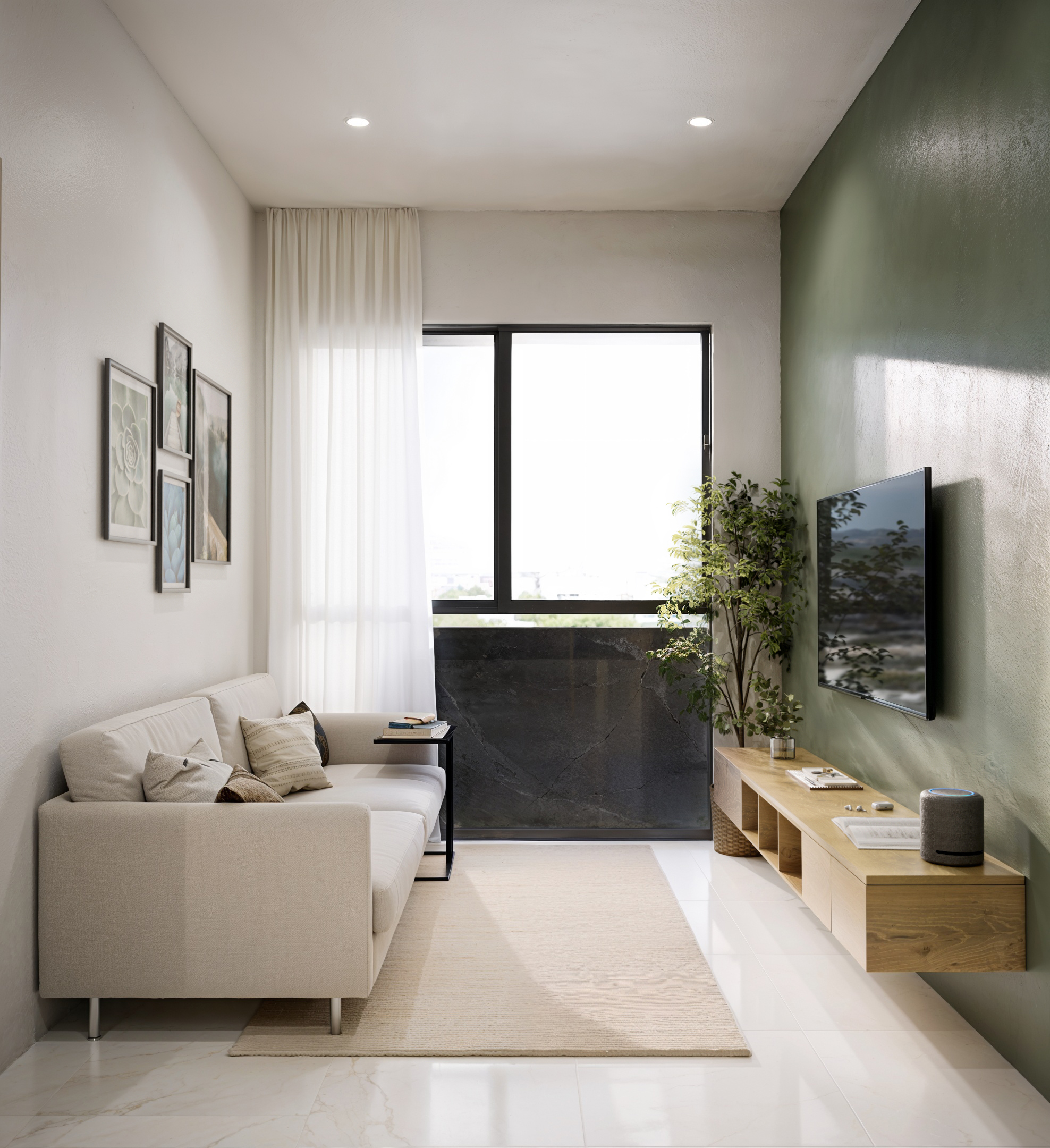 Modern living room in Downtown Playa del Carmen with sofa and wide tv