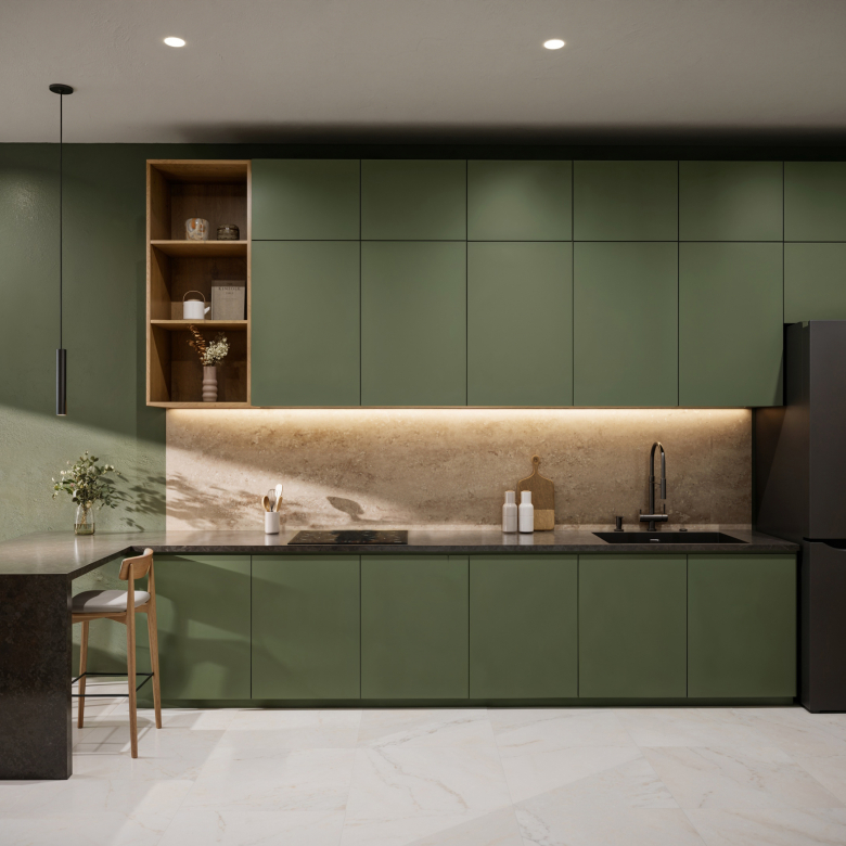 fully equipped kitchen in downtown Playa del Carmen with table refrigerator