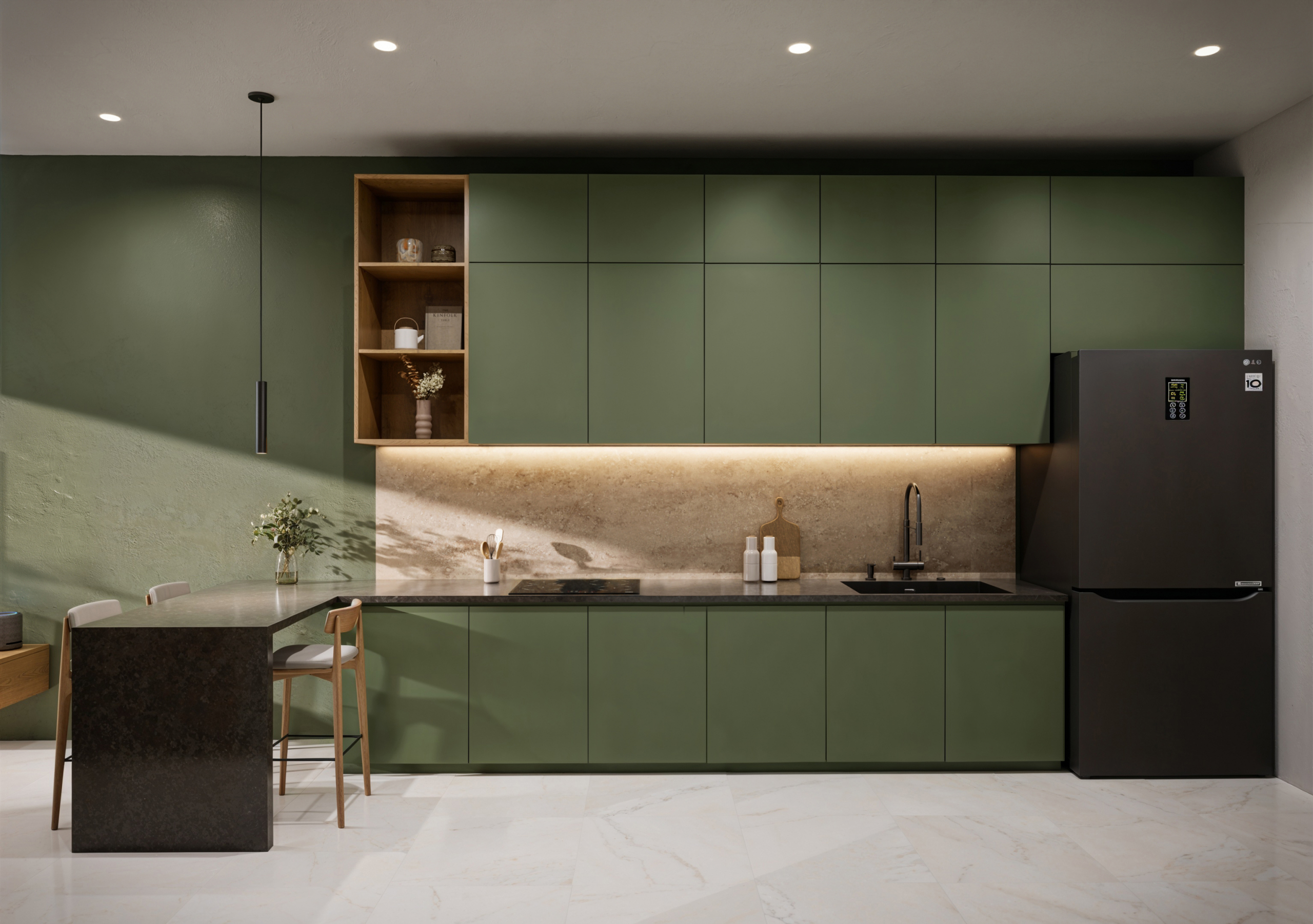 fully equipped kitchen in downtown Playa del Carmen with table refrigerator