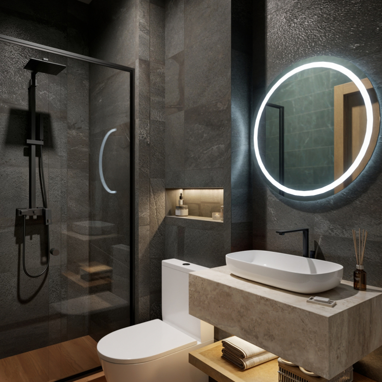 comfortable bathroom in playa del carmen downtown with modern shower in cristal box and grey wall