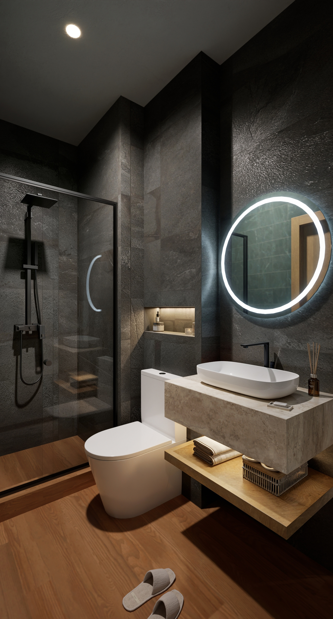 comfortable bathroom in playa del carmen downtown with modern shower in cristal box and grey wall