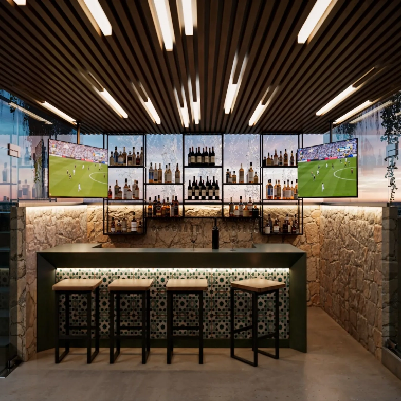 sky bar rooftop downtown playa del carmen with chairs, bar and two wide tv