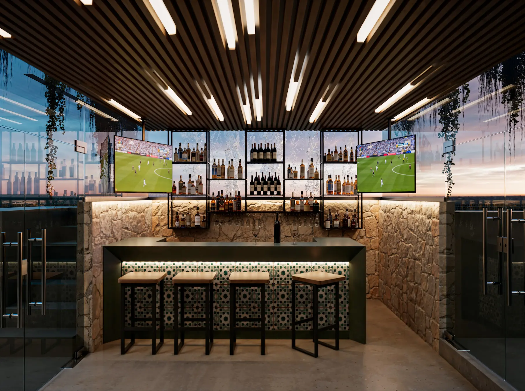 sky bar rooftop downtown playa del carmen with chairs, bar and two wide tv