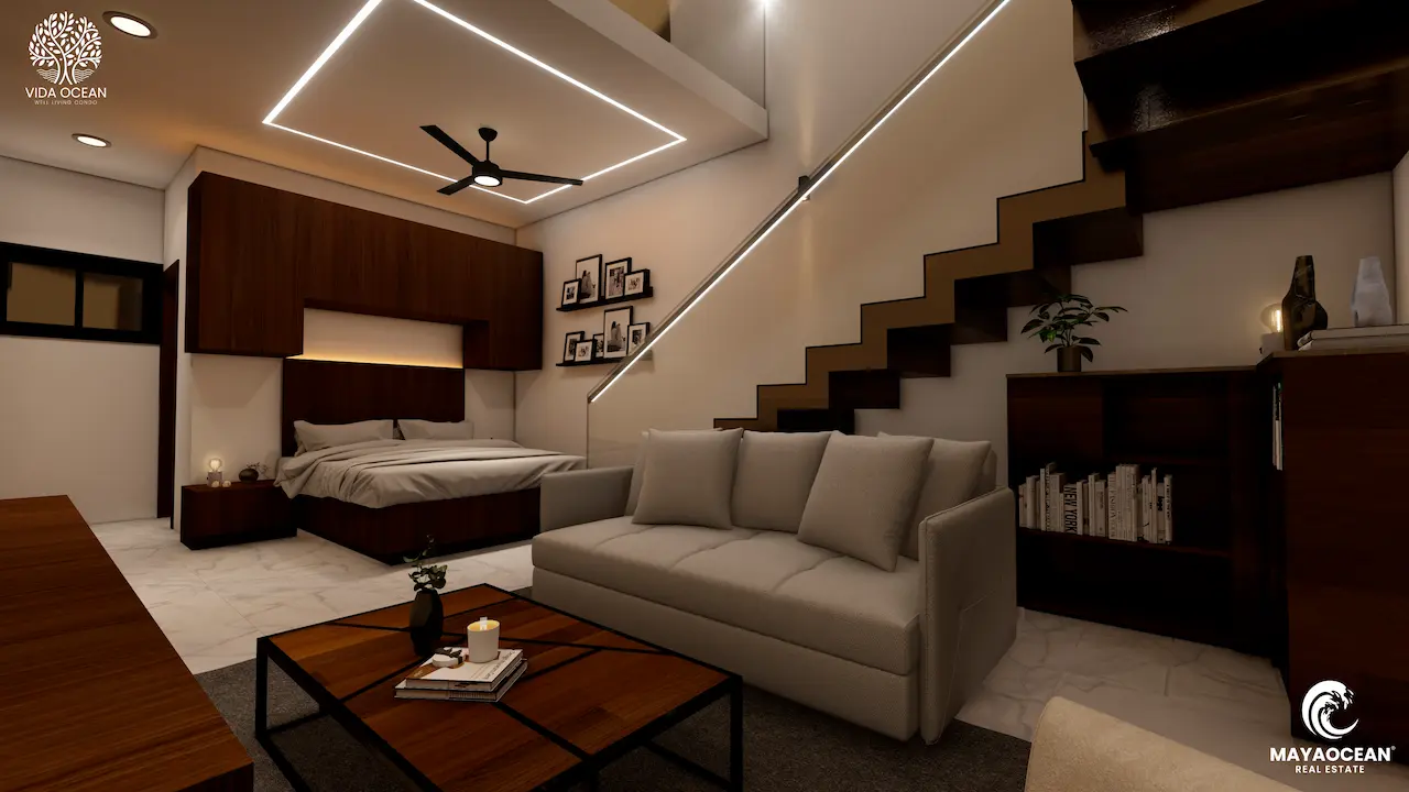 First floor loft with bedroom and comfortable living room