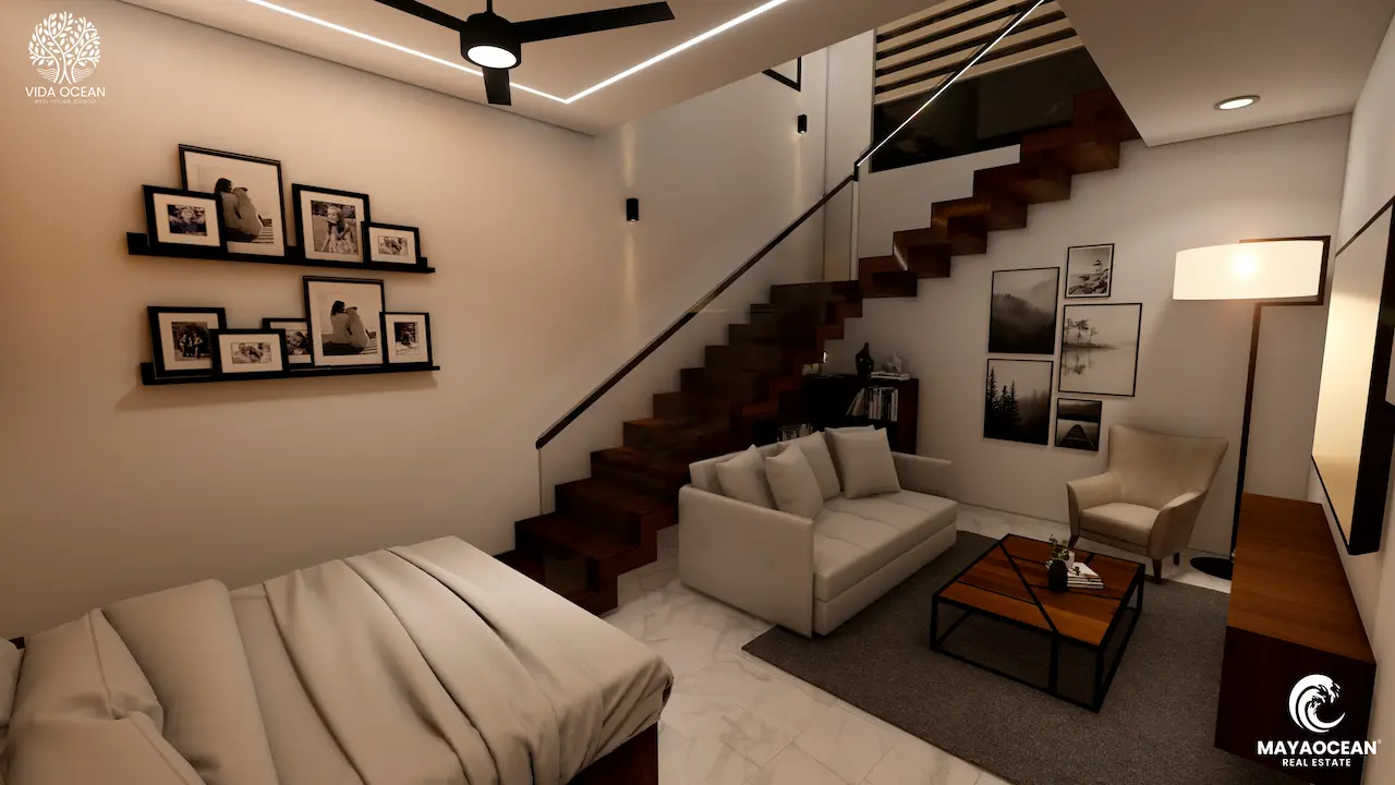 First floor loft from bedroom view with wooden staircase