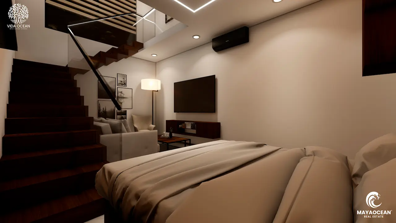 first floor loft with wooden staircase to second floor