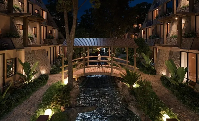 Residential complex Tulum Aldea Zama Small bridge over water