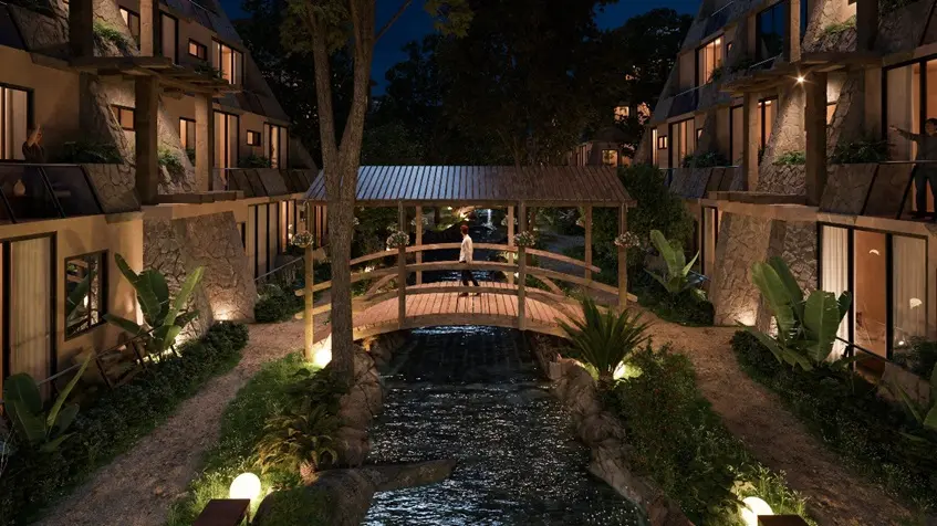 Residential complex Tulum Aldea Zama Small bridge over water