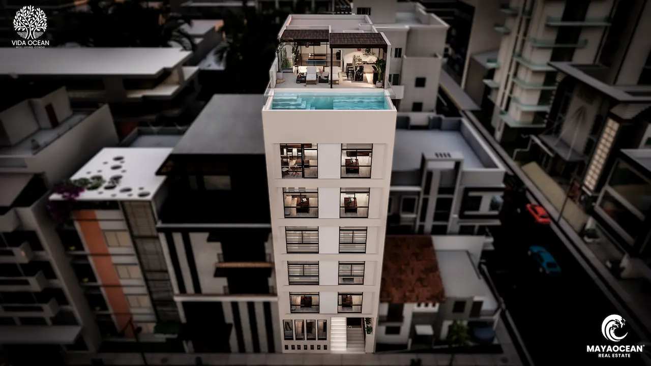 Loft for sale in Playa del Carmen, total view, exterior facade and rooftop with swimming pool