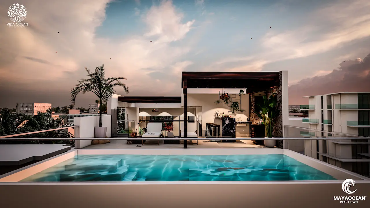 Rooftop pool offering panoramic sunset views, just a short walk from the beach.