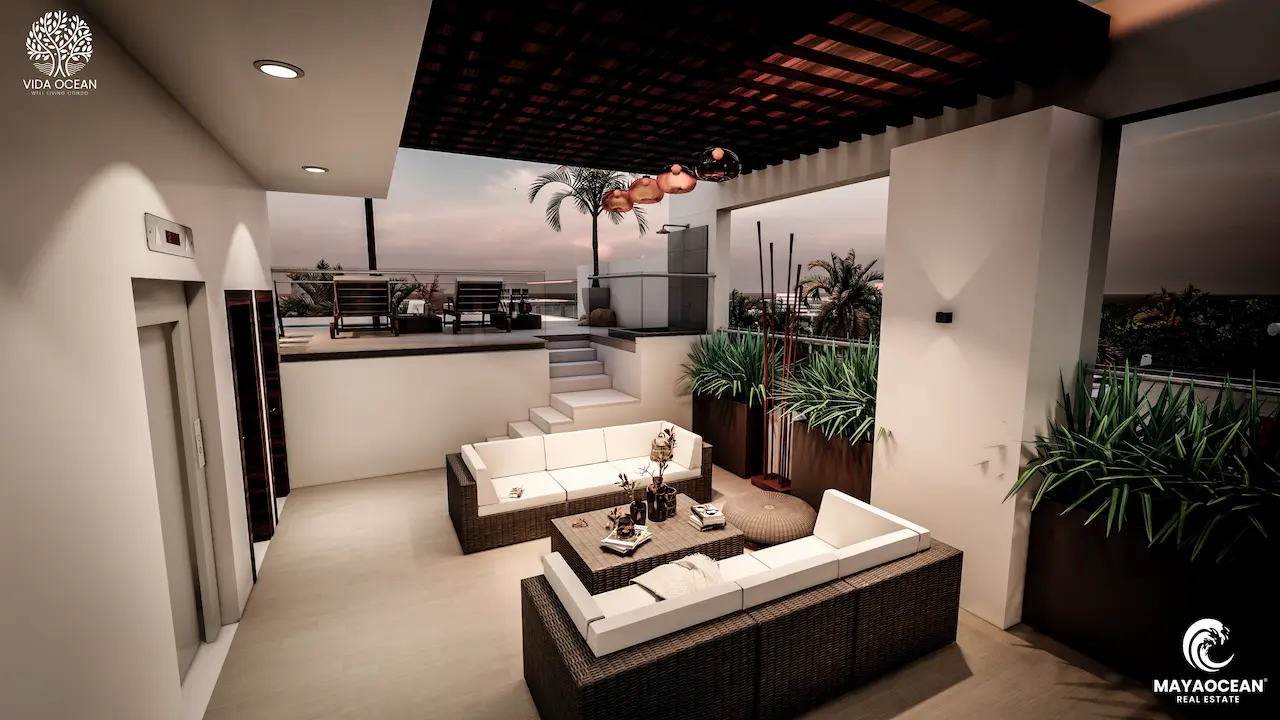 Downtown Playa del Carmen building with a rooftop offering panoramic sunset views, just a short walk from the beach.