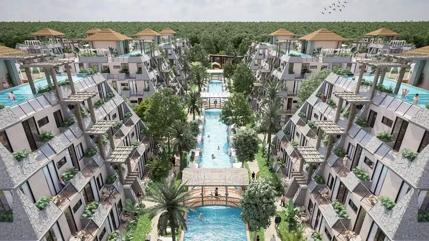 aerial-view-pool-piramides-tulum Residential complex Tulum Aldea Zama aerial total view with pools