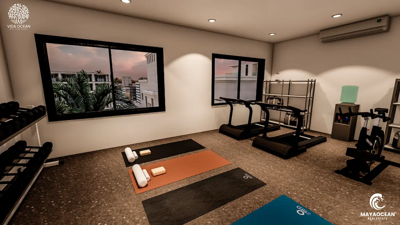 Loft for sale in Playa del Carmen, fitness center, yoga corner and equipment